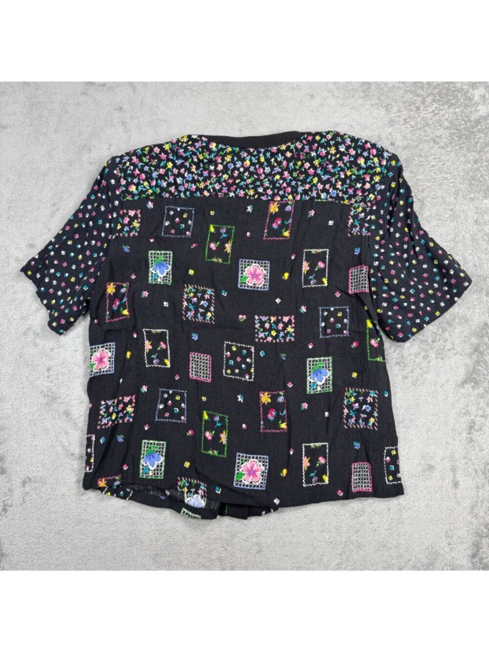 Y2K Floral Beaded Patchwork Cottagecore Button Blouse Grandma Chic Rayon Shirt - Picture 7 of 9